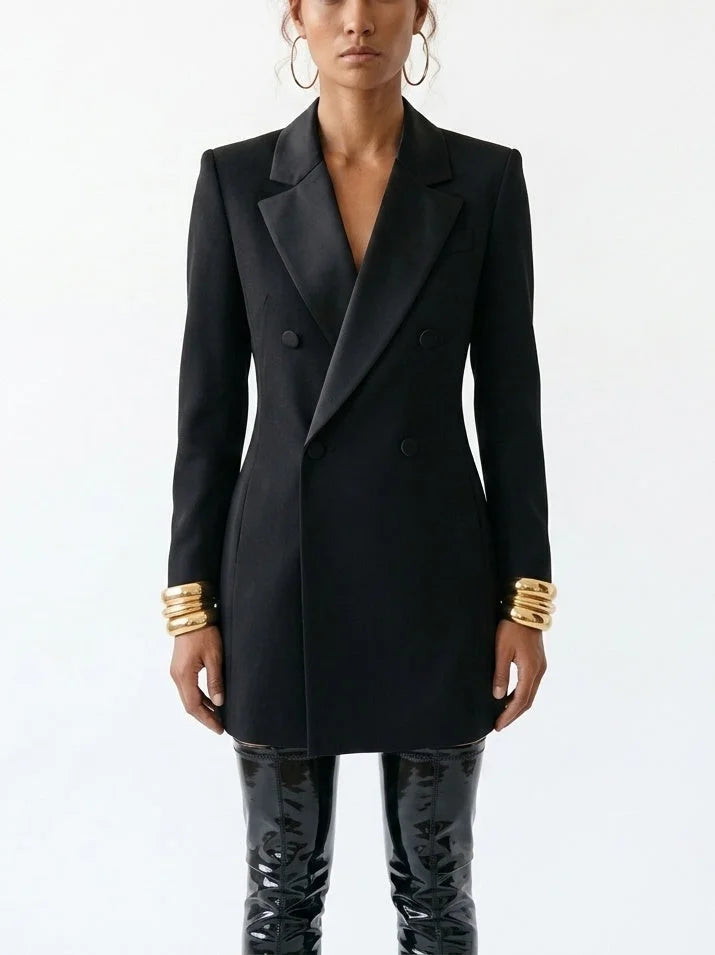 Long Black Wool Blend Double-Breasted Blazer - Jackets
