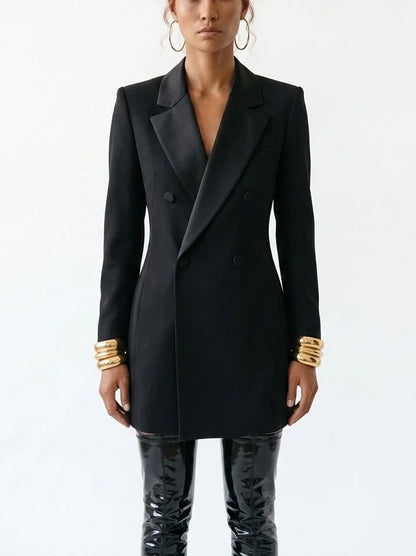 Long Black Wool Blend Double-Breasted Blazer - Jackets