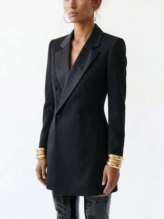 Long Black Wool Blend Double-Breasted Blazer - Jackets