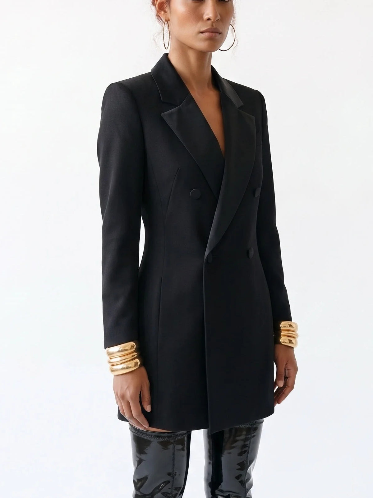 Long Black Wool Blend Double-Breasted Blazer - Jackets