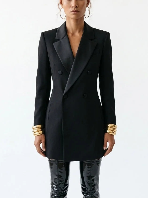 Long Black Wool Blend Double-Breasted Blazer - Jackets