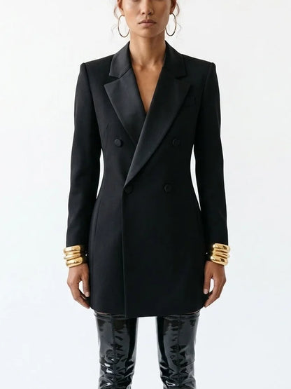 Long Black Wool Blend Double-Breasted Blazer - Jackets