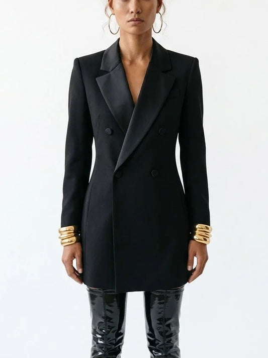 Long Black Wool Blend Double-Breasted Blazer - Jackets