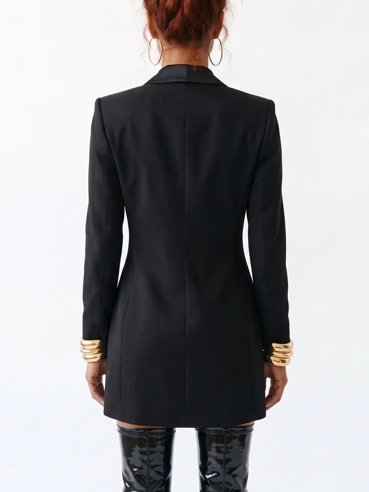 Long Black Wool Blend Double-Breasted Blazer - Jackets