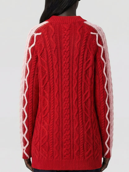 Long Cable-Knit Sweater with Contrast Panels