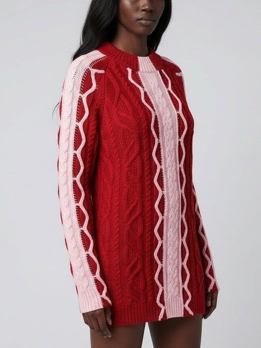 Long Cable-Knit Sweater with Contrast Panels