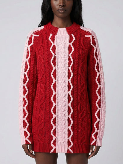 Long Cable-Knit Sweater with Contrast Panels