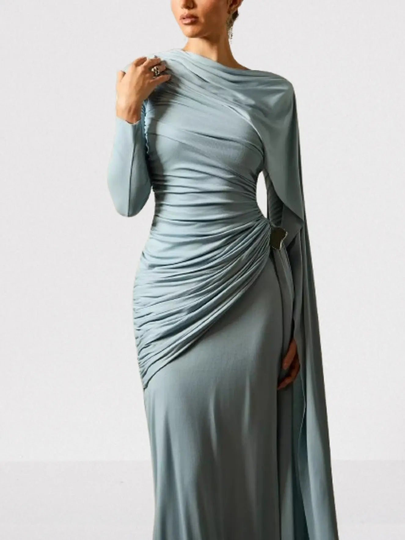 Long Cape-Sleeve Stretch Maxi Dress - Dresses