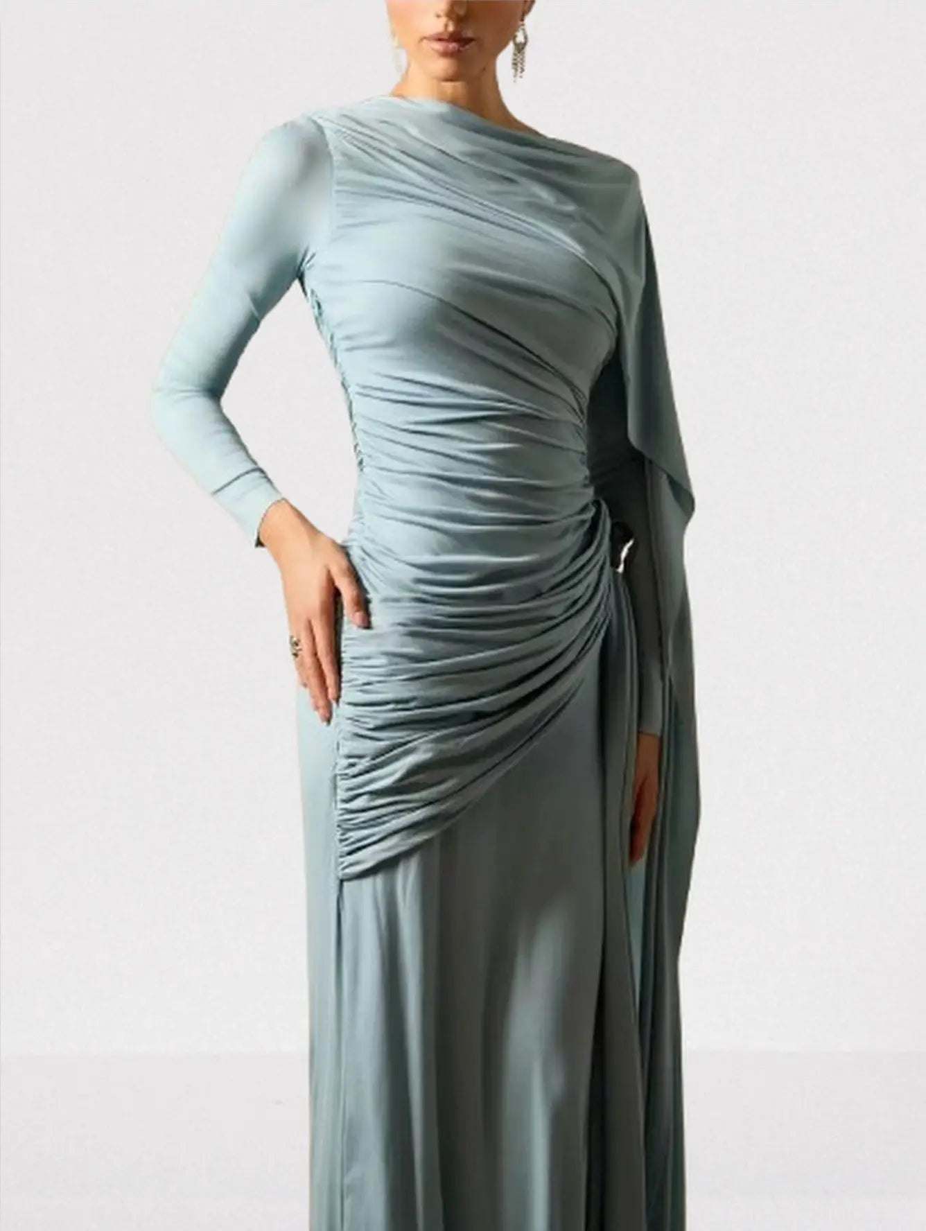 Long Cape-Sleeve Stretch Maxi Dress - Dresses