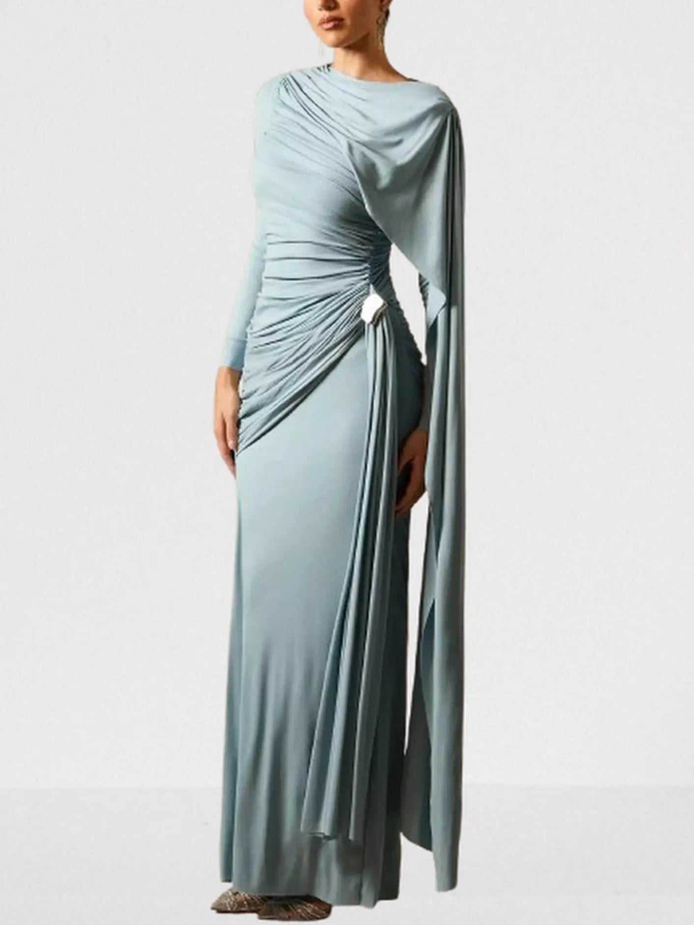Long Cape-Sleeve Stretch Maxi Dress - Dresses
