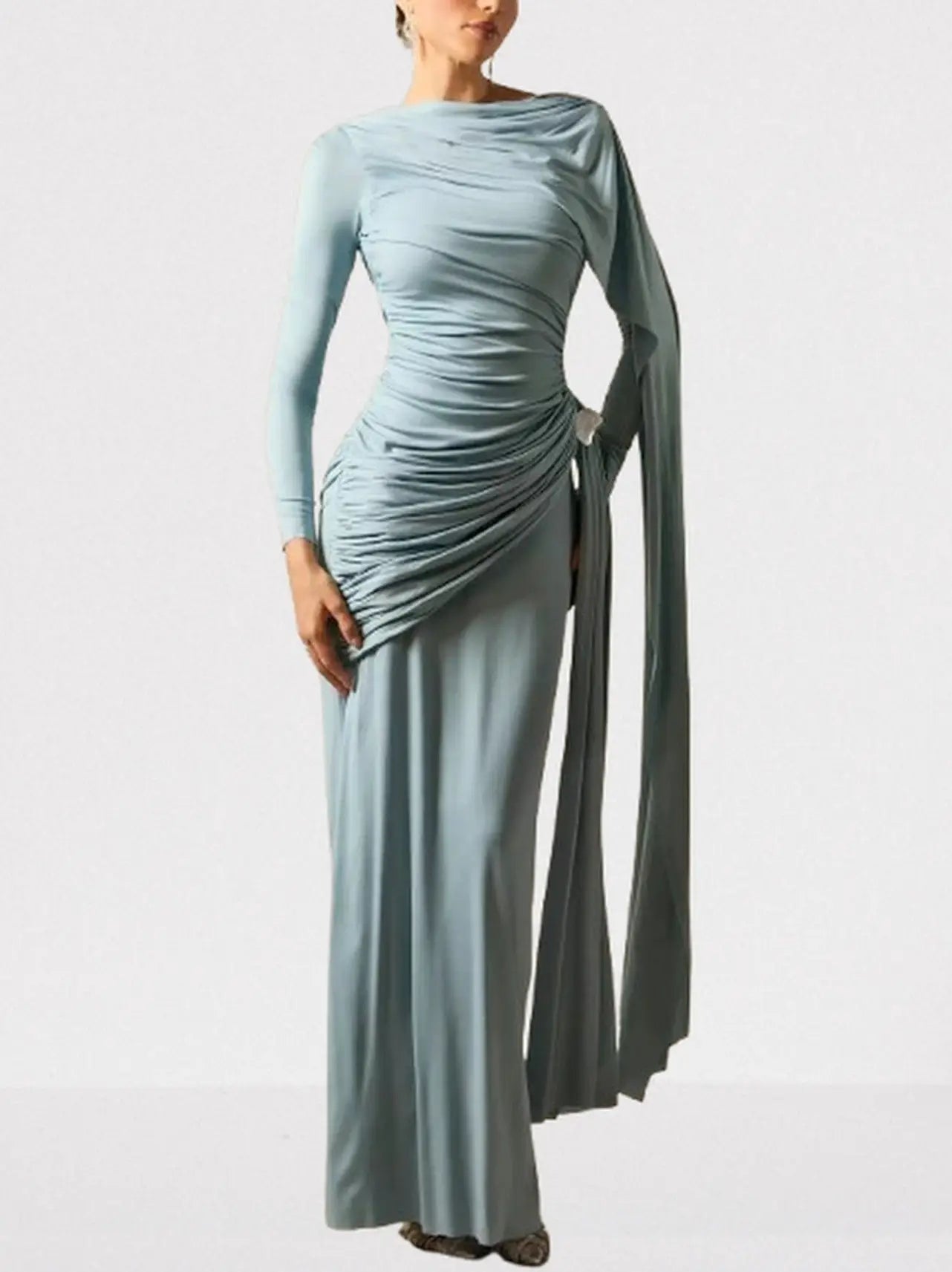 Long Cape-Sleeve Stretch Maxi Dress - Dresses