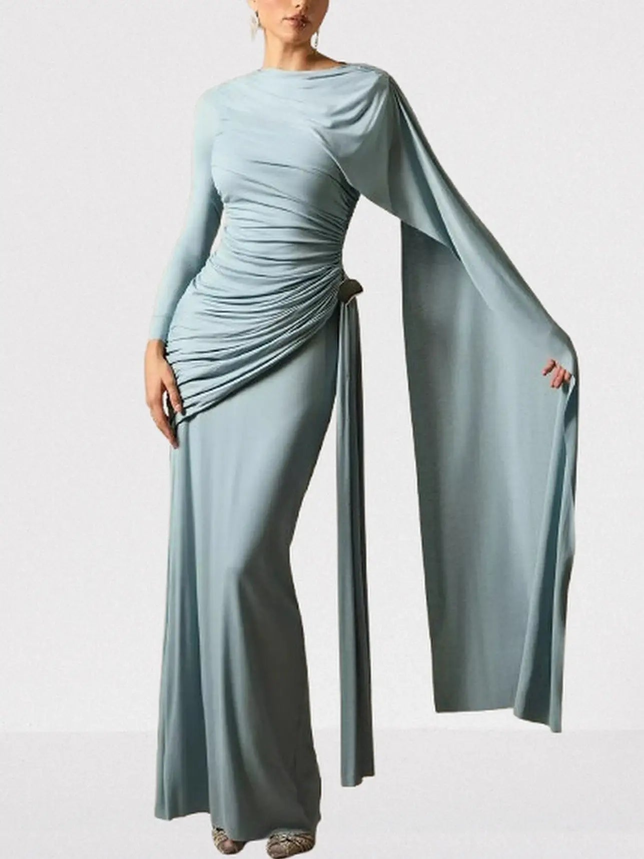 Long Cape-Sleeve Stretch Maxi Dress - S / Pale Blue - Dresses