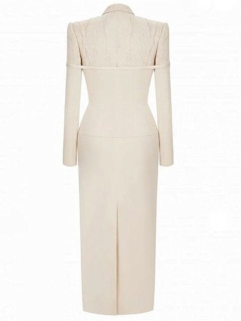 Long Cream Blazer Coat with Decorative Buttons