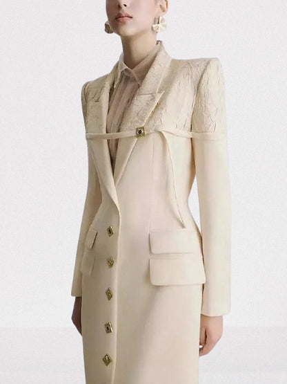 Long Cream Blazer Coat with Decorative Buttons Coats