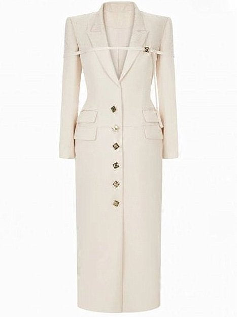 Long Cream Blazer Coat with Decorative Buttons