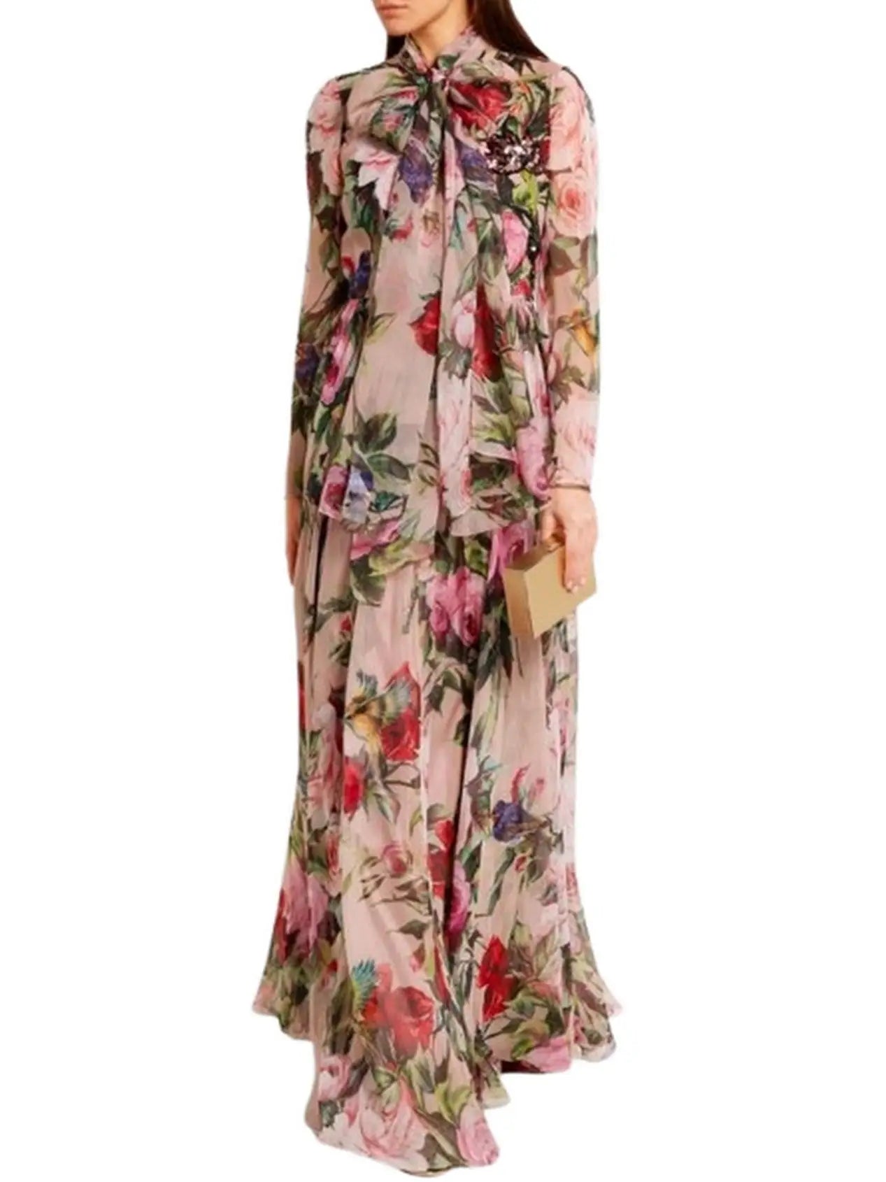 Long Floral Print Embellished Dress - Dresses
