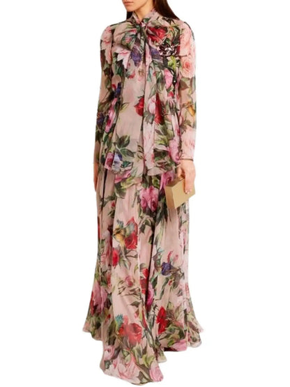 Long Floral Print Embellished Dress - Dresses