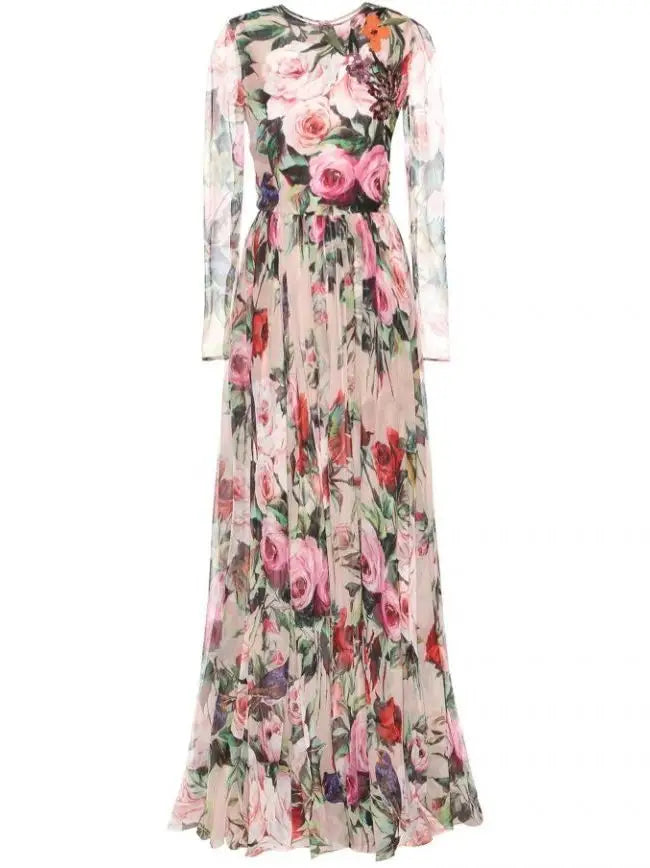 Long Floral Print Embellished Dress - Dresses