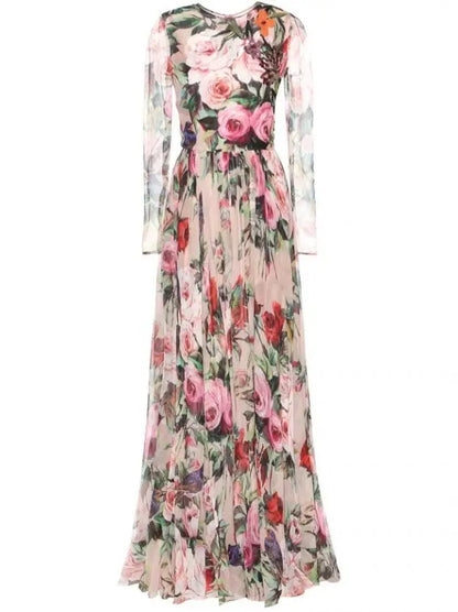 Long Floral Print Embellished Dress - Dresses