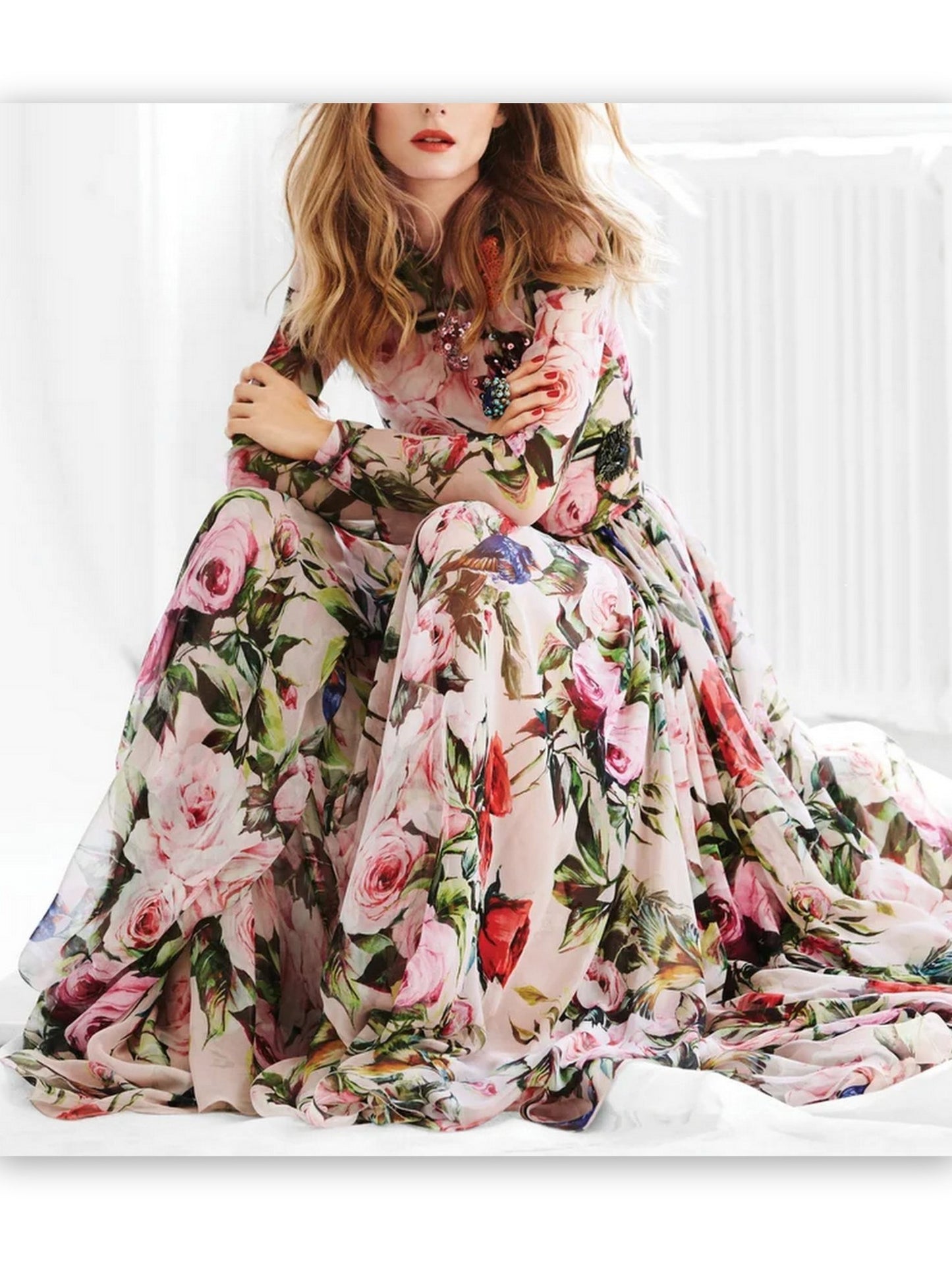 Long Floral Print Embellished Dress