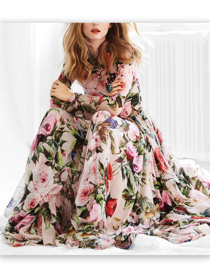 Long Floral Print Embellished Dress