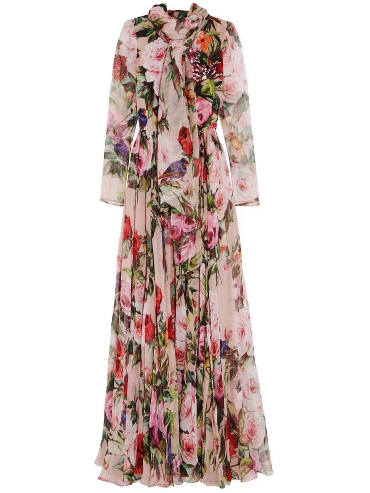 Long Floral Print Embellished Dress