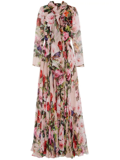 Long Floral Print Embellished Dress