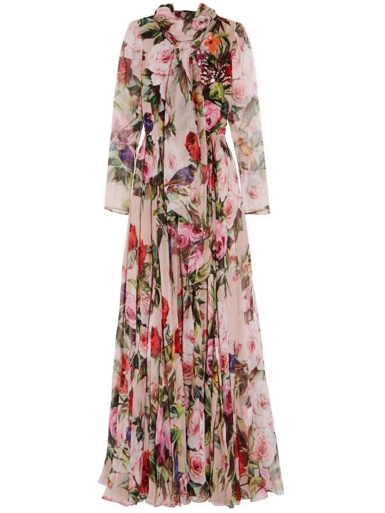 Long Floral Print Embellished Dress - Dresses