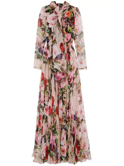 Long Floral Print Embellished Dress - Dresses
