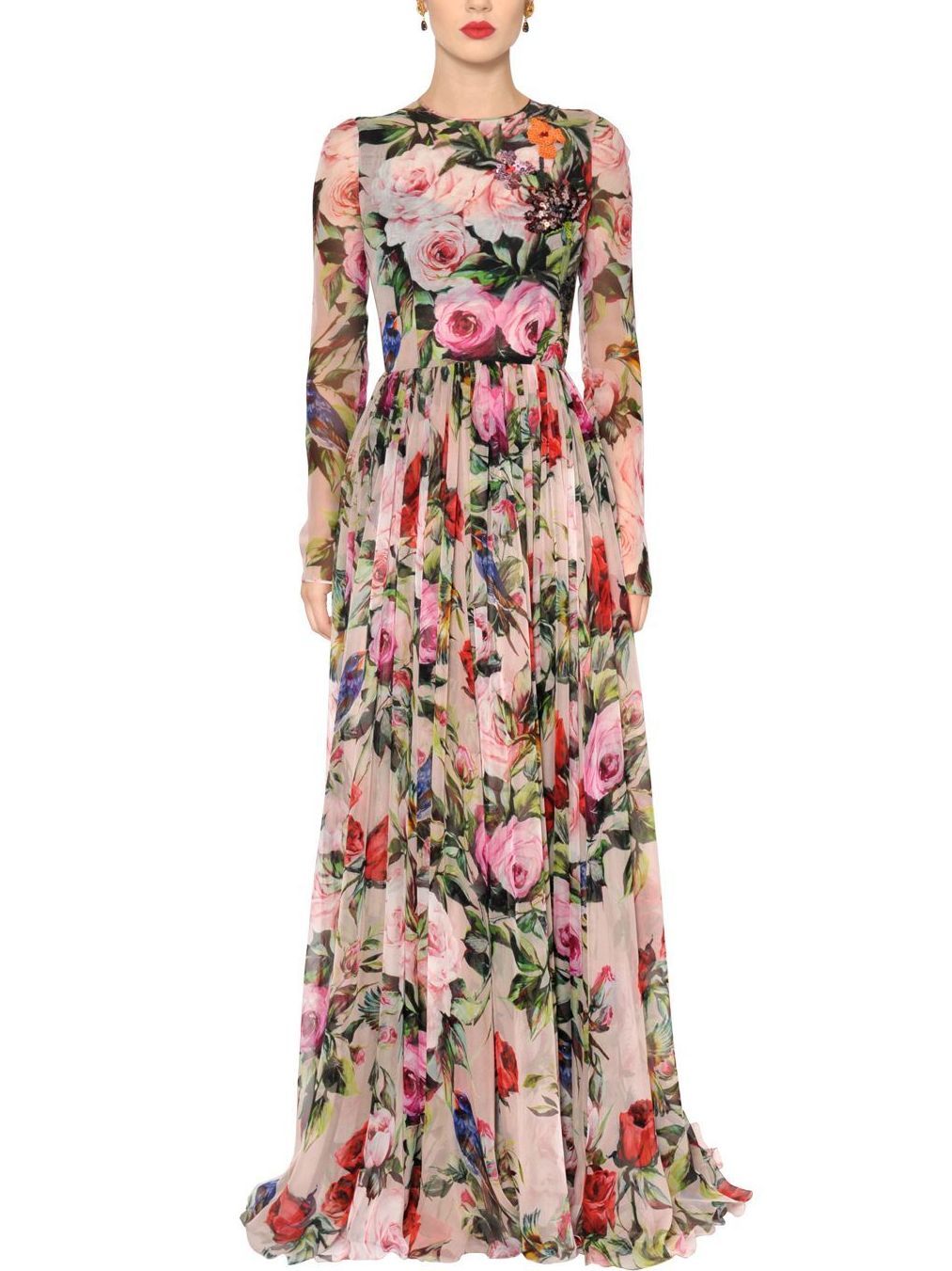 Long Floral Print Embellished Dress