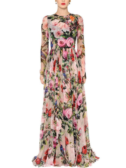 Long Floral Print Embellished Dress
