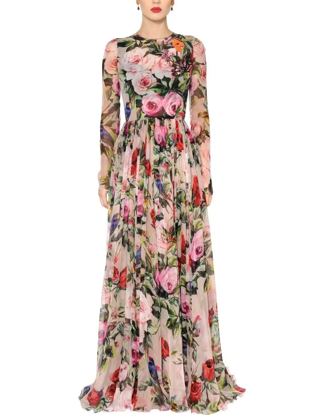 Long Floral Print Embellished Dress - Dresses