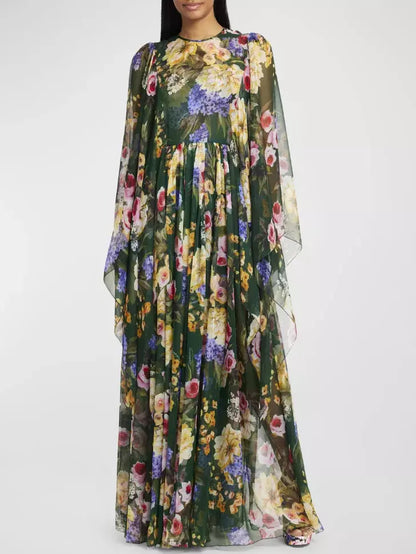 Long Garden-Print Chiffon Dress