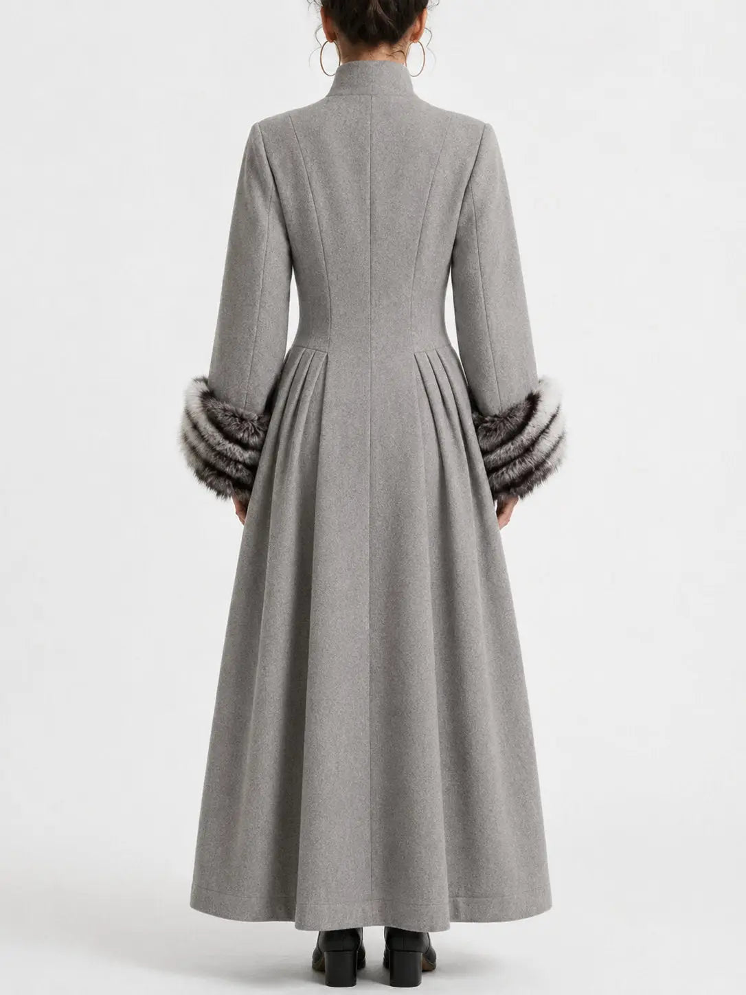 Long Gray Victorian Style Coat with Faux Fur Cuffs - Coats