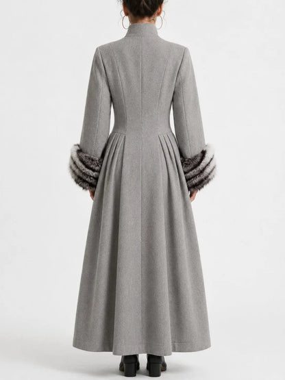 Long Gray Victorian Style Coat with Faux Fur Cuffs - Coats