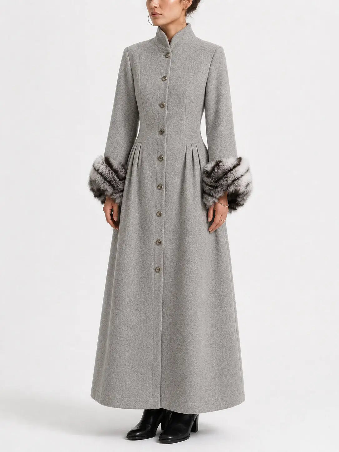 Long Gray Victorian Style Coat with Faux Fur Cuffs - Coats
