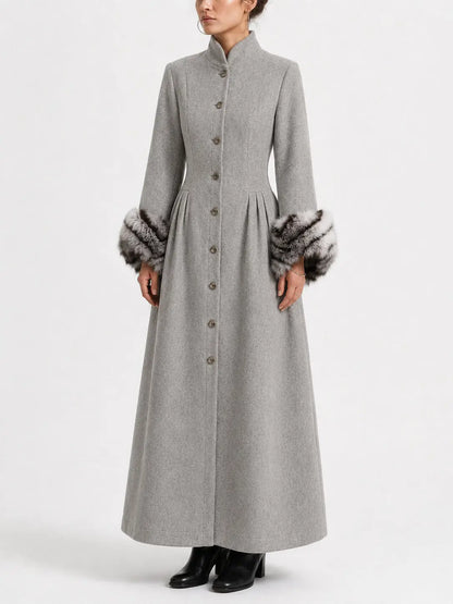 Long Gray Victorian Style Coat with Faux Fur Cuffs - Coats