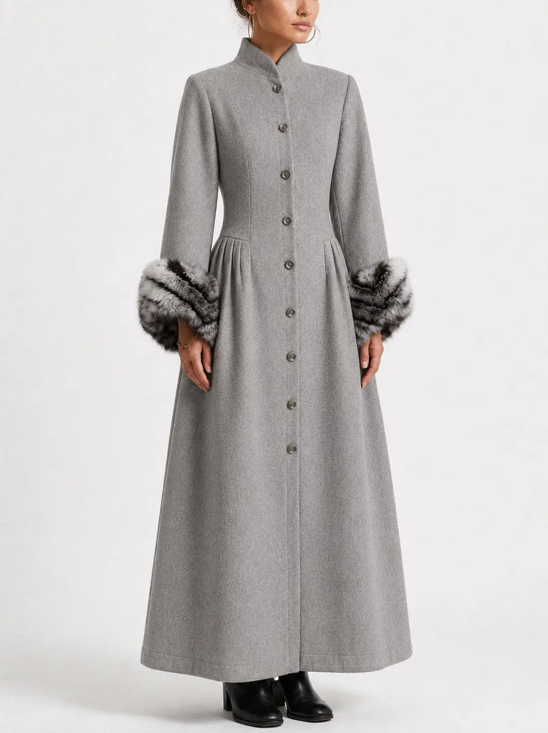 Long Gray Victorian Style Coat with Faux Fur Cuffs - Coats