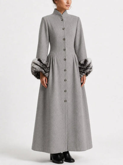 Long Gray Victorian Style Coat with Faux Fur Cuffs - Coats