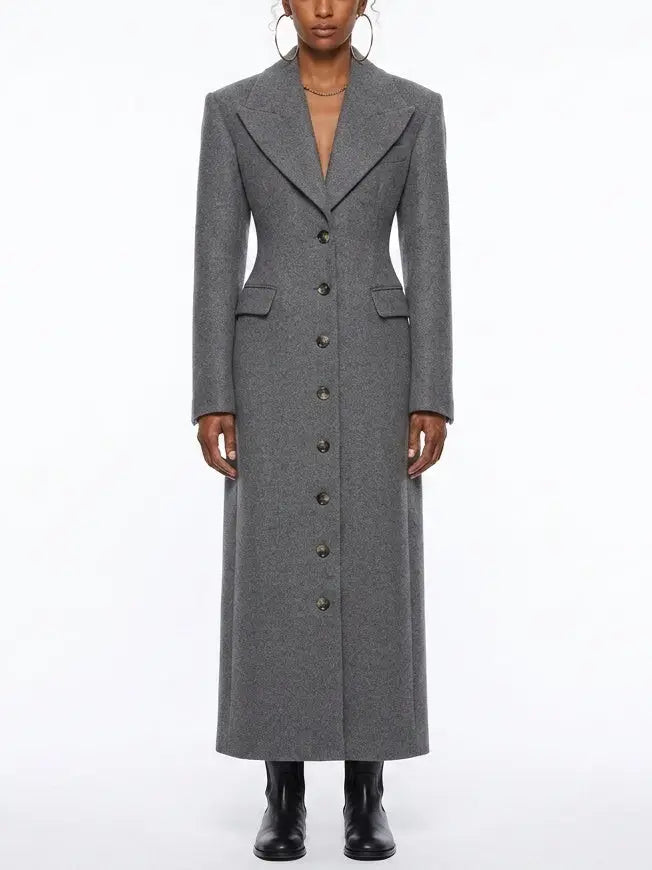 Long Grey Wool Coat with Notched Lapels - Coats