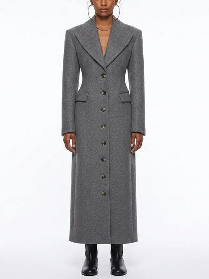 Long Grey Wool Coat with Notched Lapels - Coats