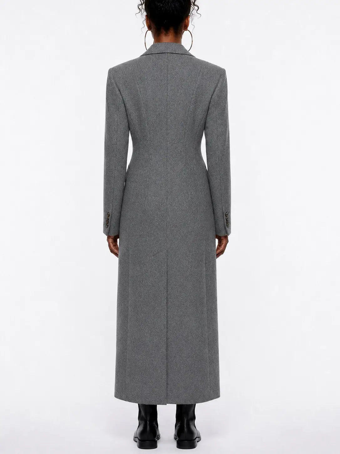Long Grey Wool Coat with Notched Lapels - Coats