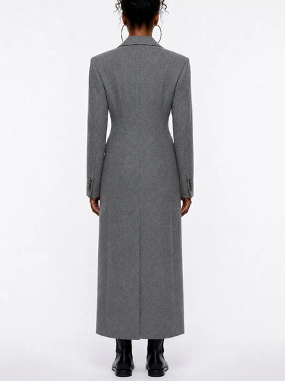 Long Grey Wool Coat with Notched Lapels - Coats