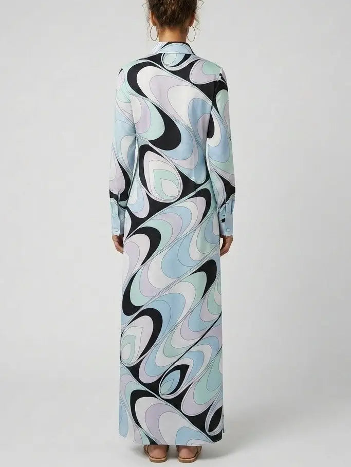 Long Jersey Silk Abstract Print Shirt Dress - Dresses