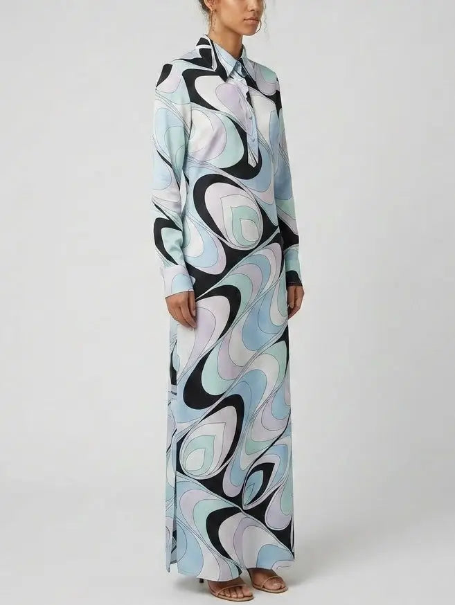 Long Jersey Silk Abstract Print Shirt Dress - Dresses