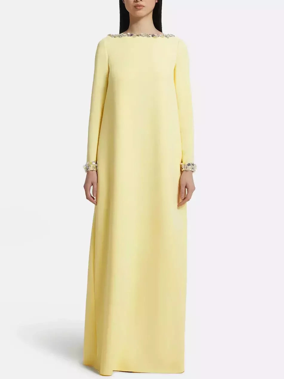 Long Loose Gown with Beading Details - S / Pale Yellow - Dresses