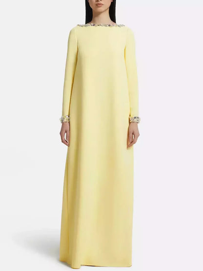 Long Loose Gown with Beading Details - S / Pale Yellow - Dresses
