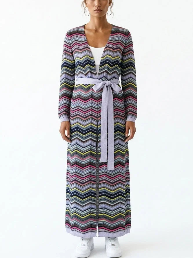 Long Multicolored Chevron Cardigan with Tie Belt - Sweaters & Knitwear