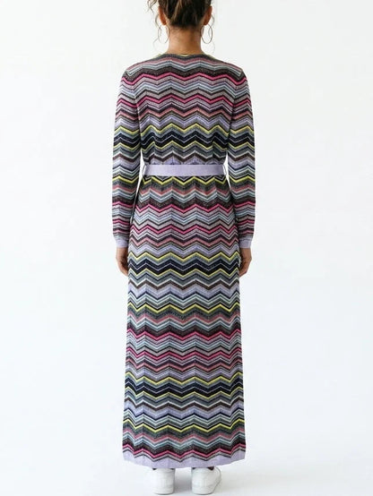 Long Multicolored Chevron Cardigan with Tie Belt - Sweaters & Knitwear