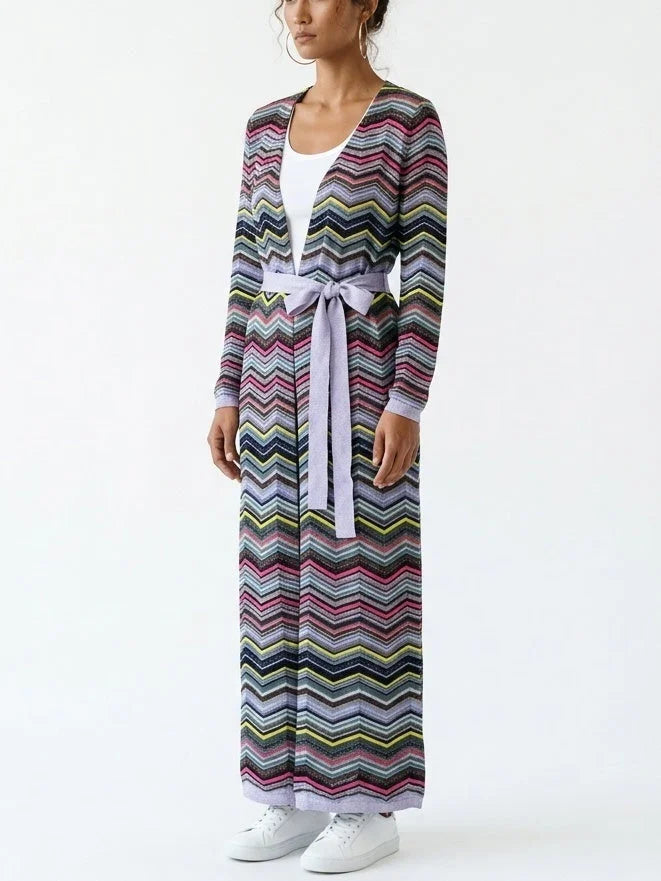 Long Multicolored Chevron Cardigan with Tie Belt - Sweaters & Knitwear